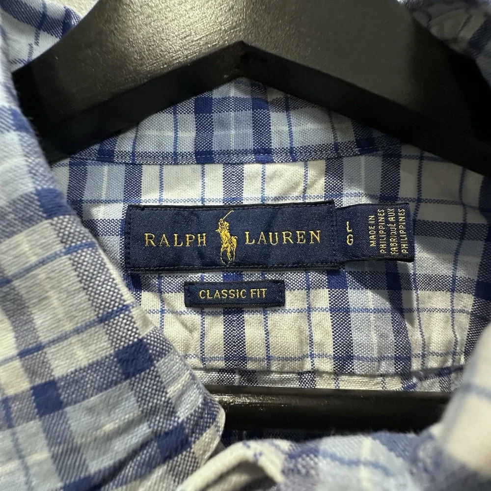 Polo Ralph Lauren Mens Short Sleeve Shirt‎ Sz Large Oxford Plaid Blue Flesh Pony